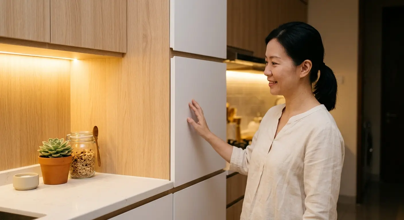 Detail kabinet HPL putih dan kayu terang dengan lampu LED di bawah kabinet atas pada dapur kecil
