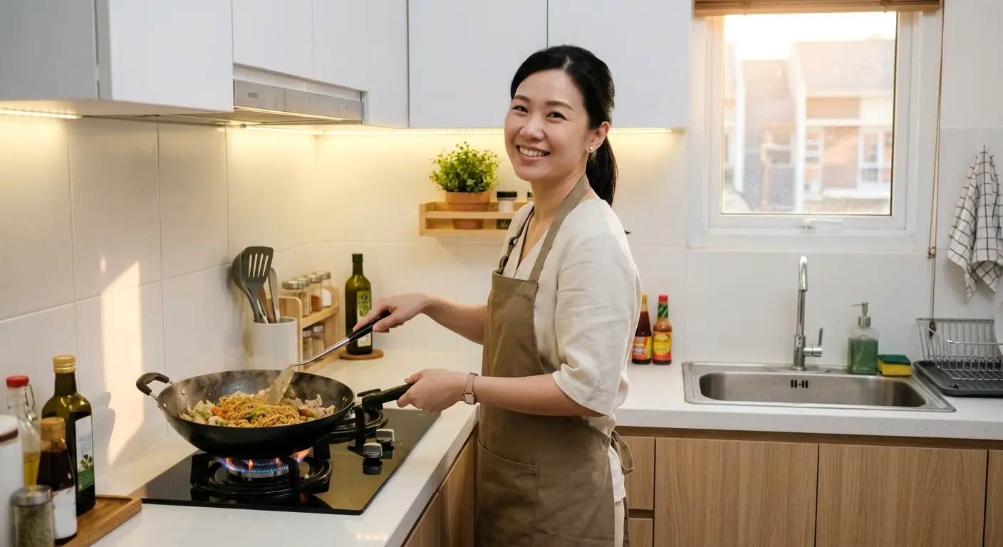 Dapur 1,5 x 1,5 meter dengan kitchen set layout L warna putih dan kayu terang di Karawaci