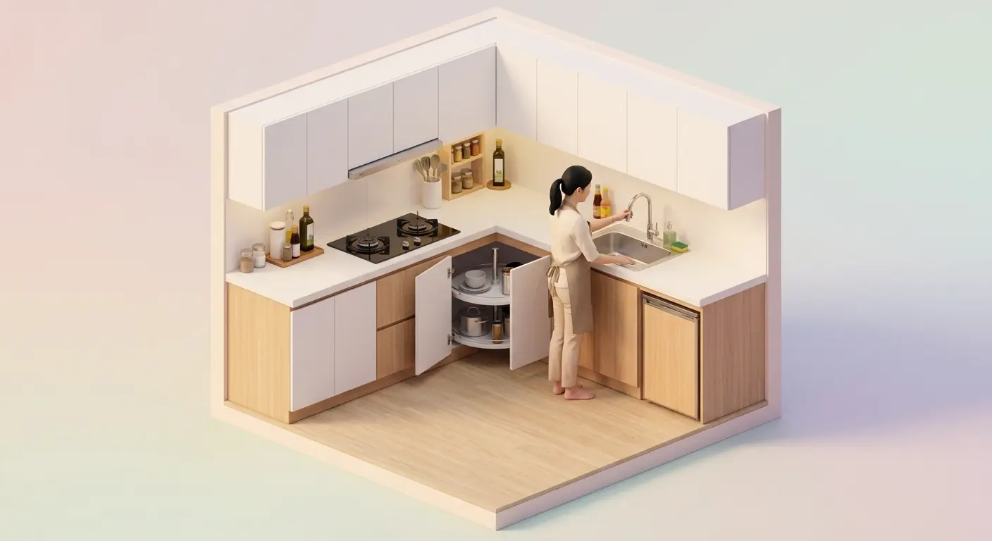 Denah layout L untuk dapur 1,5 x 1,5 meter dengan kompor, sink, dan kulkas mini
