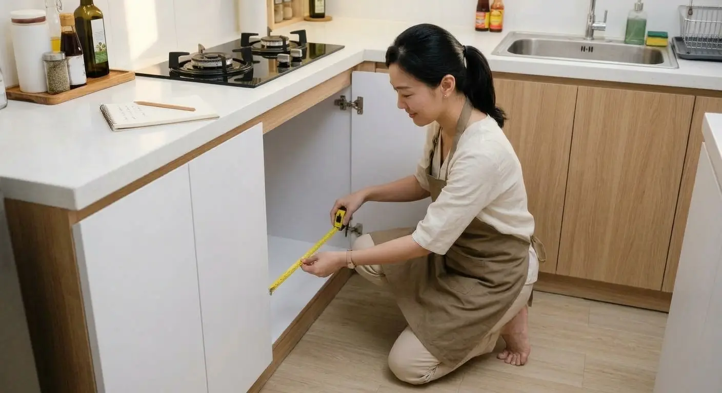 Ilustrasi ukuran kabinet dapur 1,5 x 1,5 meter dengan kedalaman 60 cm dan sisa lantai 90 cm