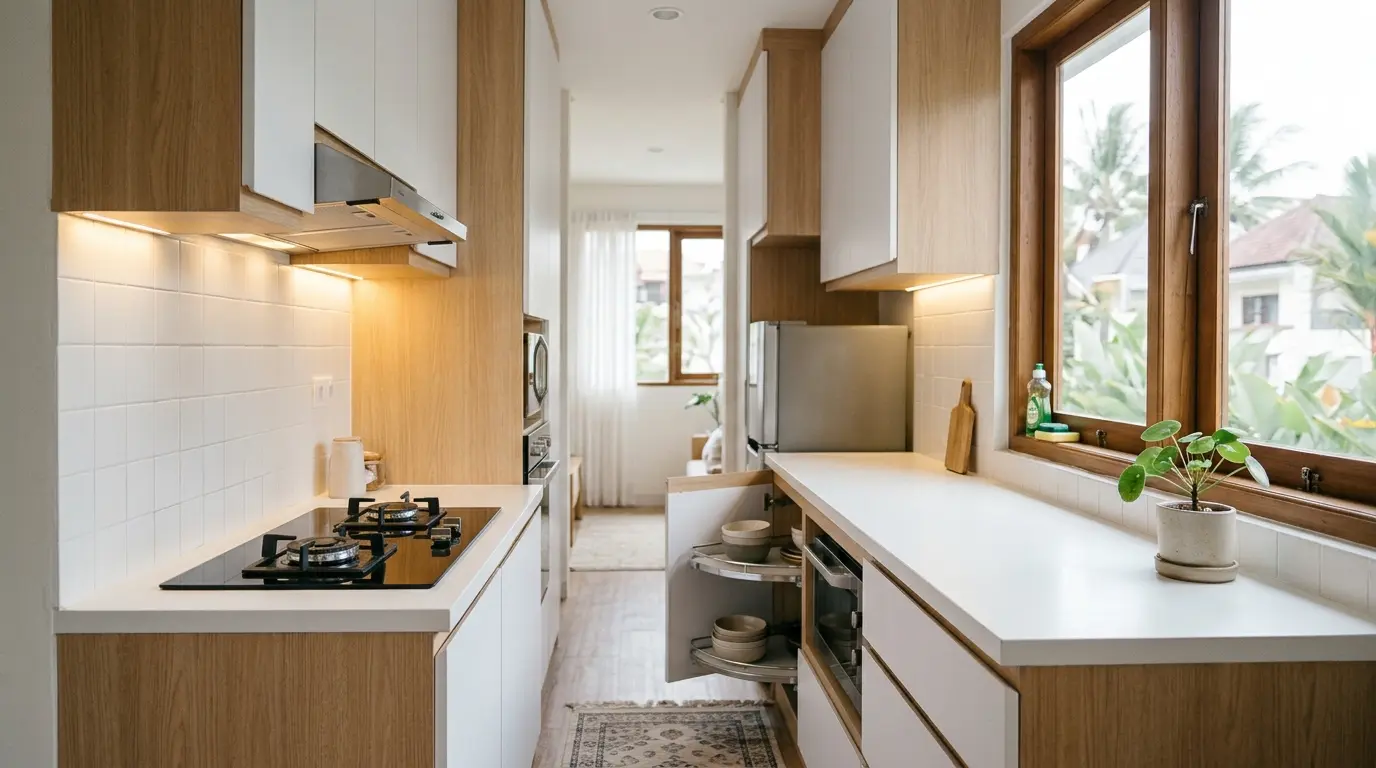 Layout kitchen set bentuk L untuk dapur 2 meter warna putih dengan kabinet atas dan bawah