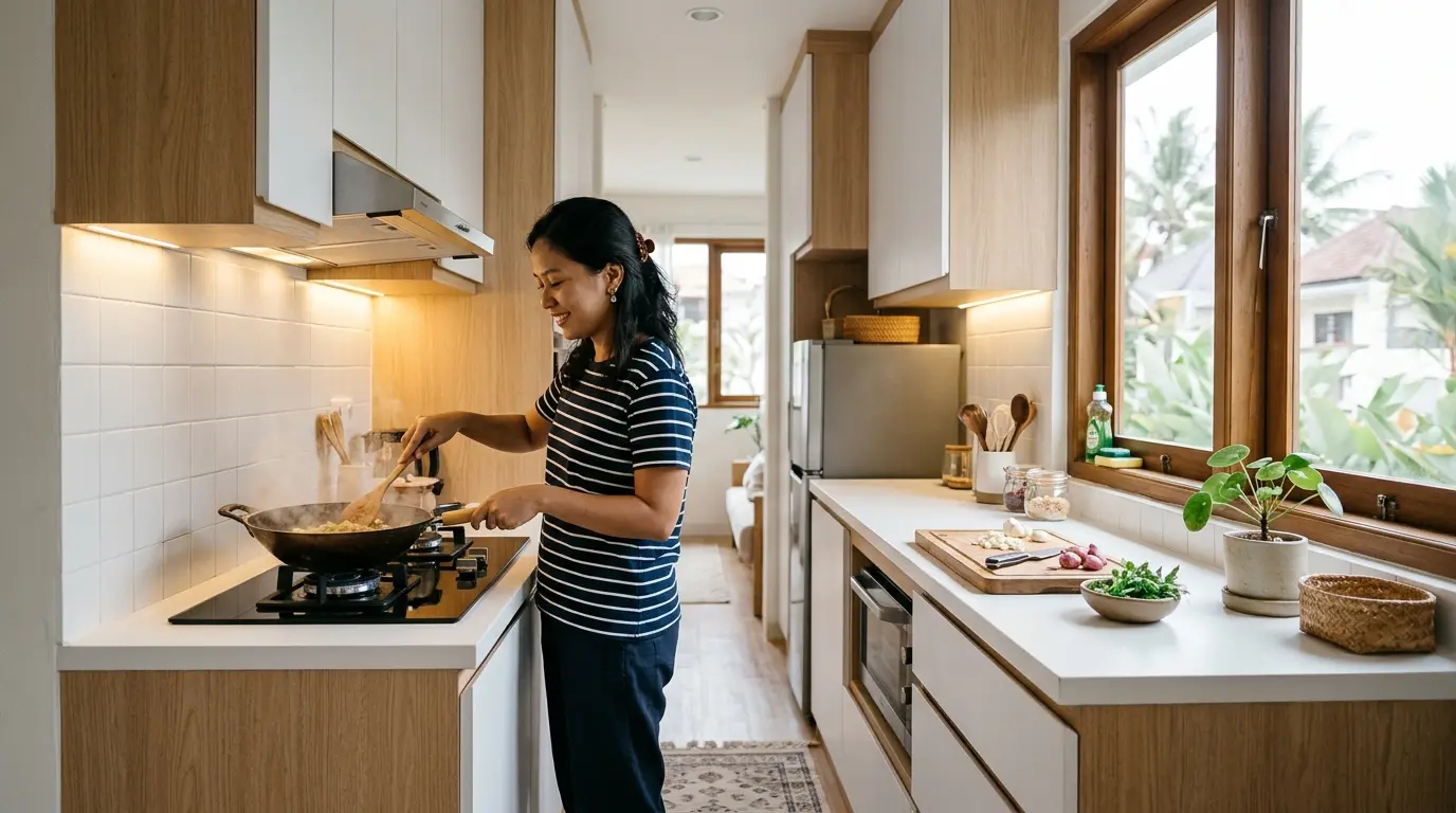 Perempuan memasak di dapur 2 meter minimalis warna putih dan kayu terang di Pondok Cabe