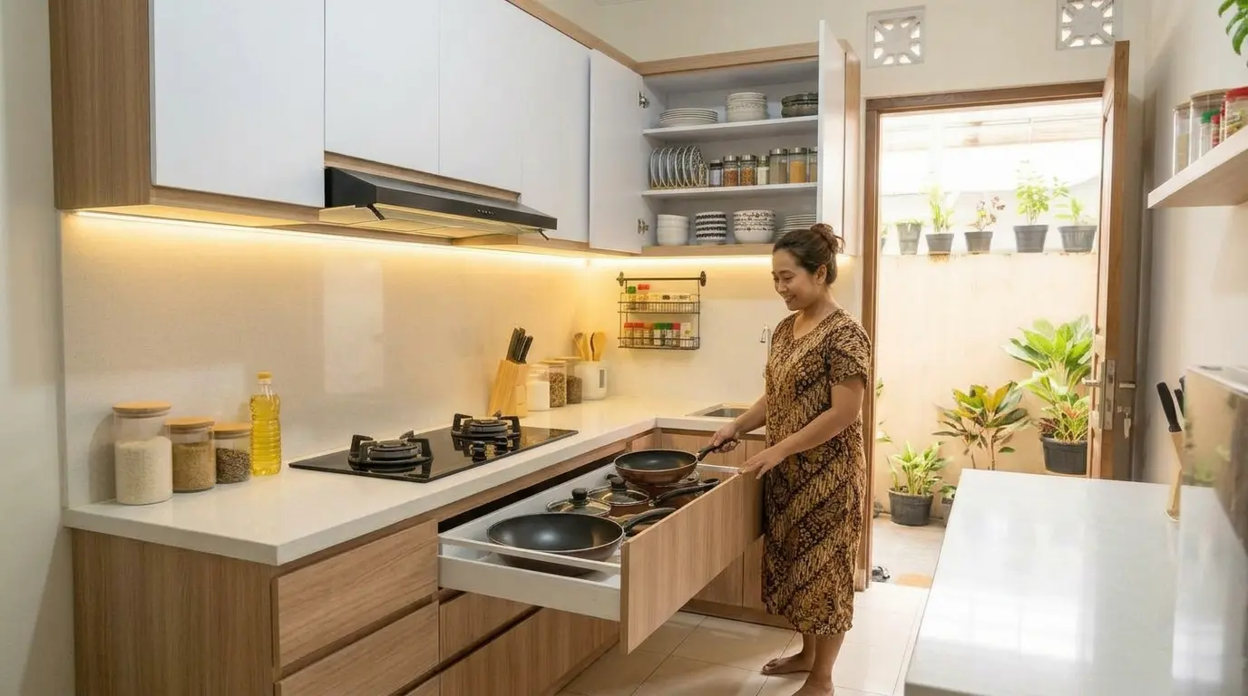 Laci tarik dan kabinet atas dapur 3x2 yang menyimpan panci dan peralatan masak dengan rapi