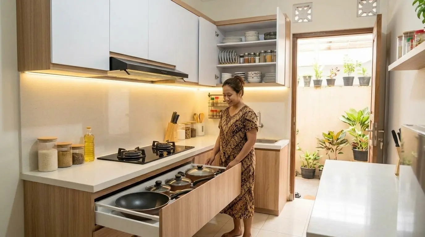 Layout L dapur 3x2 dengan kompor, sink, dan kulkas yang saling berdekatan