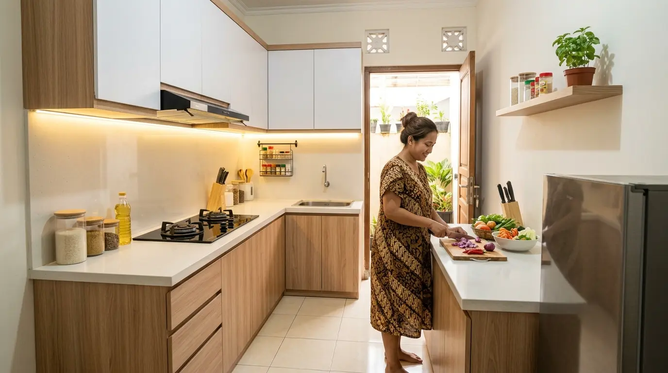 Dapur 3x2 sempit dengan meja plastik dan rak seadanya sebelum dibuatkan kitchen set