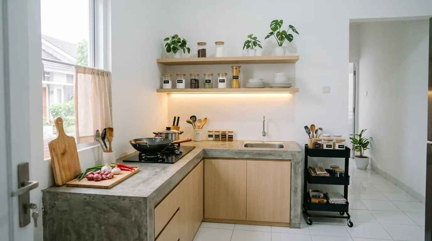Dapur kecil estetik di Cisauk dengan dinding putih, rak kayu, dan tanaman hijau