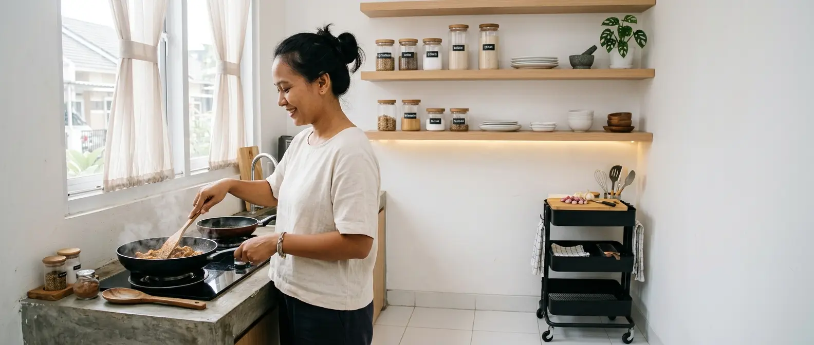 Perempuan memasak di dapur estetik tanpa kitchen set dengan rak kayu terbuka dan lampu hangat di Cisauk