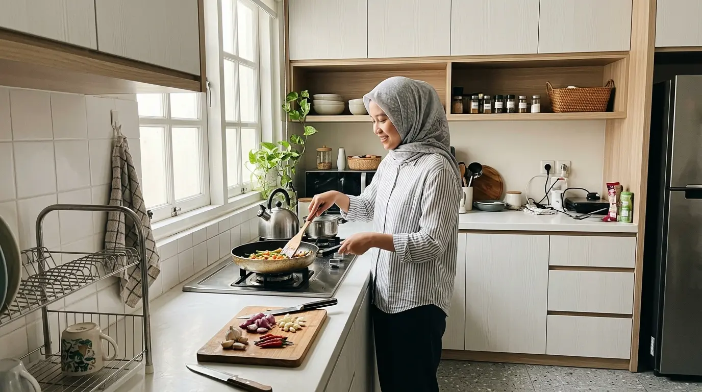 Dapur minimalis 3x4 meter layout L warna putih dan kayu terang dengan perempuan berhijab sedang memasak