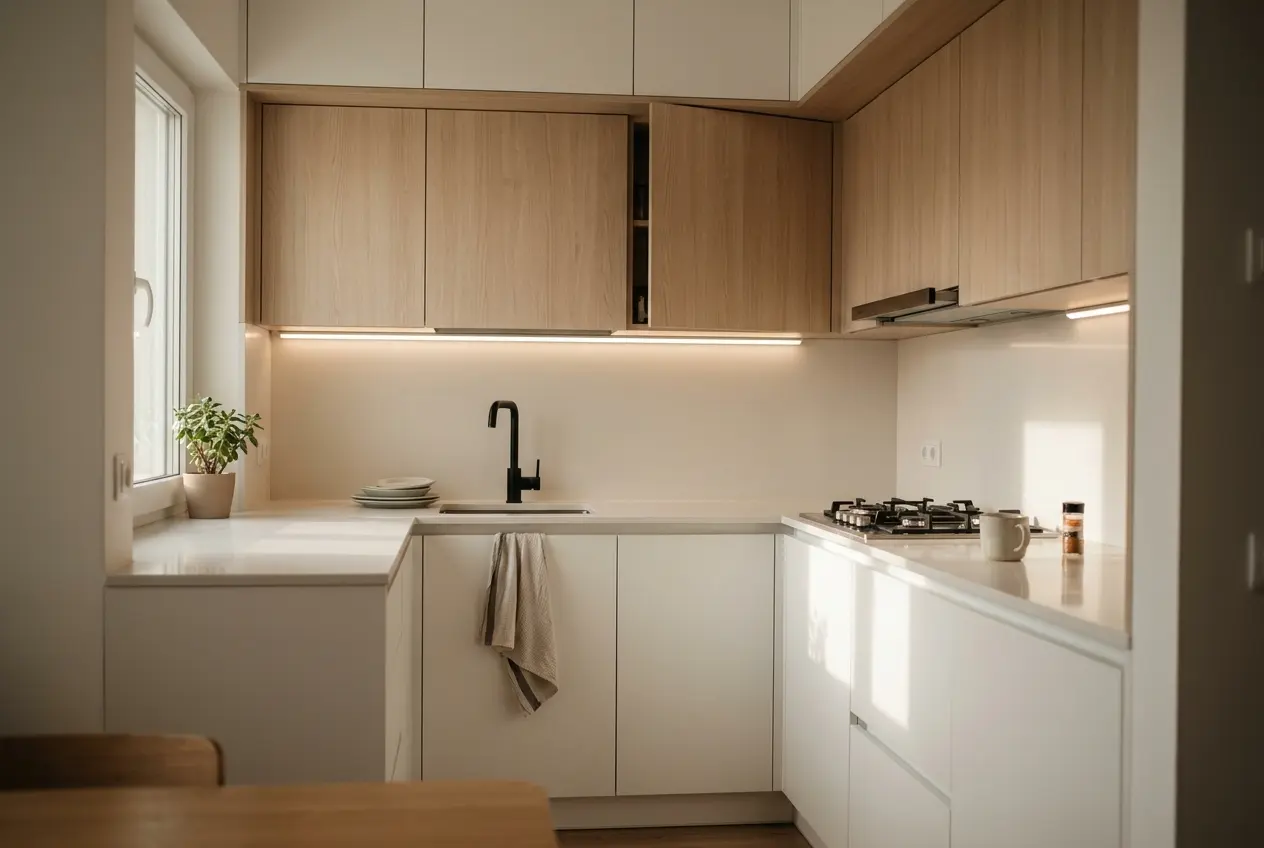 Hasil dapur minimalis 3x4 layout L putih dengan meja kerja bersih dan kabinet atas kayu terang