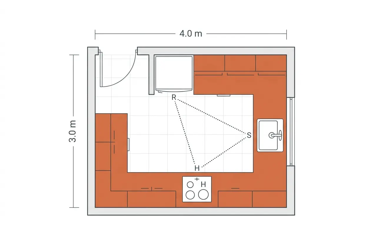 Denah layout L dapur minimalis 3x4 meter dengan posisi kompor, sink, dan kulkas