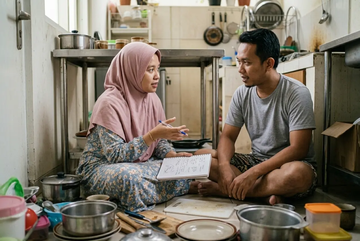 Suami istri berdiskusi di dapur kecil yang berantakan sambil mencatat barang di buku