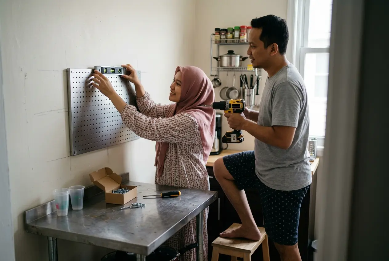 Suami memasang pegboard di dinding dapur sementara istri memegang waterpass di rumah Pamulang