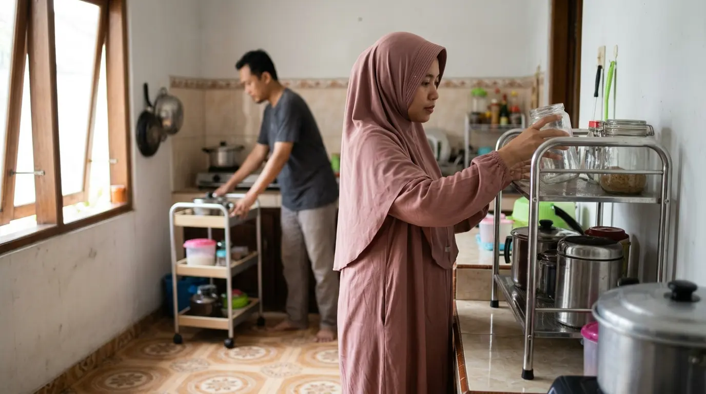 Istri menata toples bening seragam di rak susun besi di dapur sementara suami mendorong troli