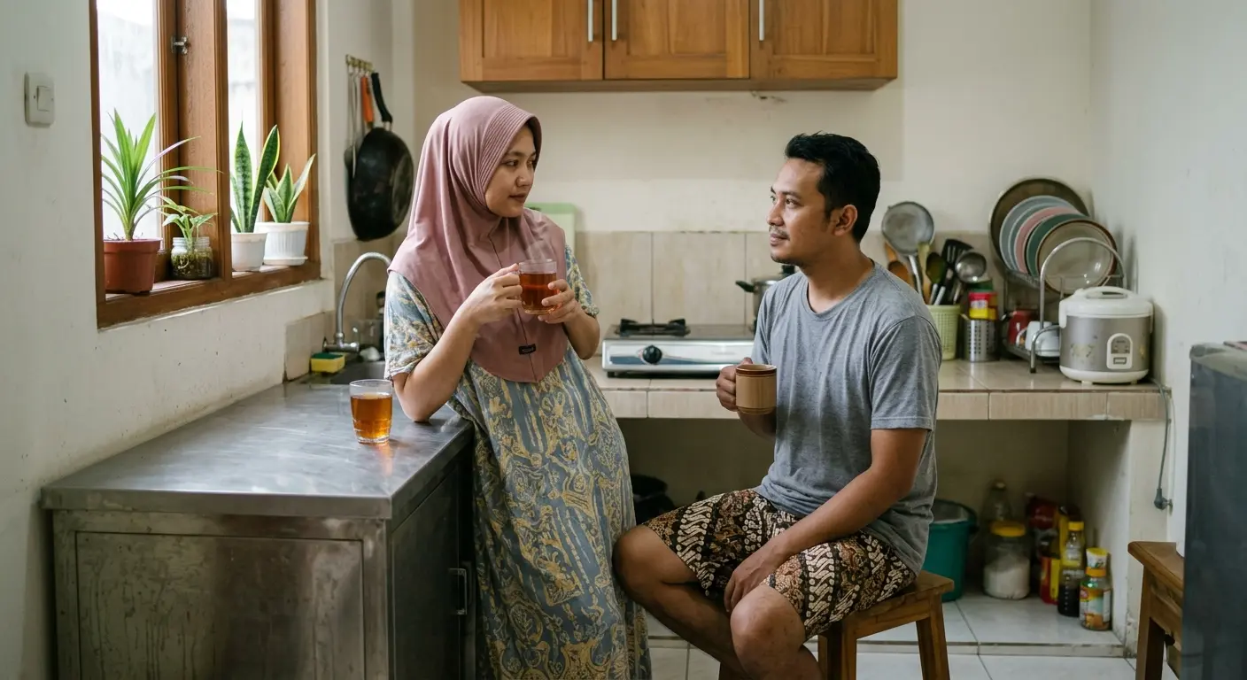 Suami istri minum kopi dan teh di dapur yang sudah rapi dengan rak susun dan troli di Pamulang