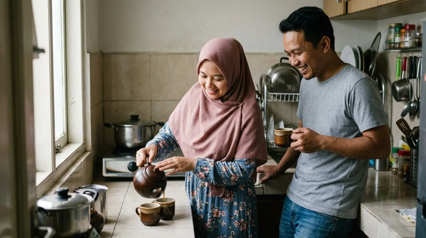 Suami istri tersenyum di dapur rumah yang rapi tanpa kitchen set di Pamulang