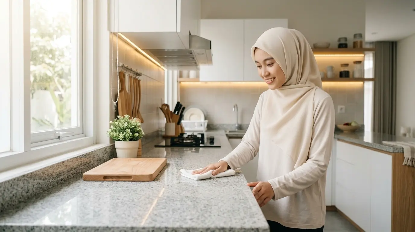 Dapur rumah minimalis modern dengan kabinet putih, meja granit abu, dan lampu LED di bawah kabinet atas