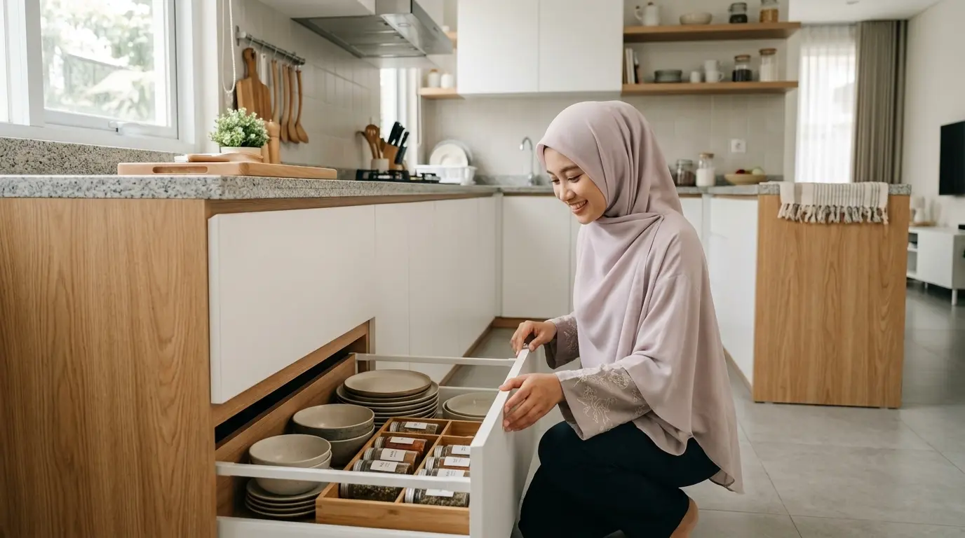 Perempuan berhijab krem merapikan dapur rumah minimalis modern warna putih dan kayu terang di Cinere