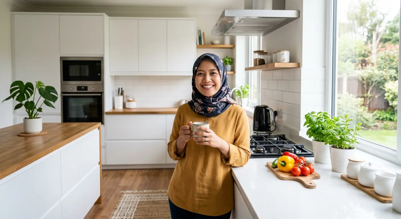 Kabinet kitchen set minimalis putih dengan kabinet atas dan bawah di dapur yang rapi