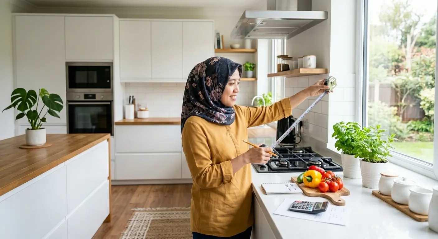 Mengukur panjang dinding dapur dengan meteran untuk menghitung harga kabinet kitchen set