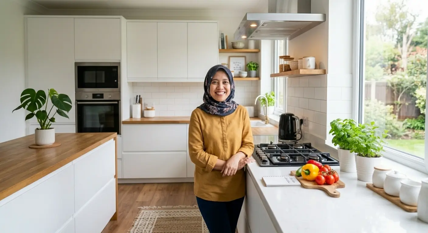 Kabinet kitchen set minimalis yang sudah terpasang rapi di dapur dengan meja kerja yang lega