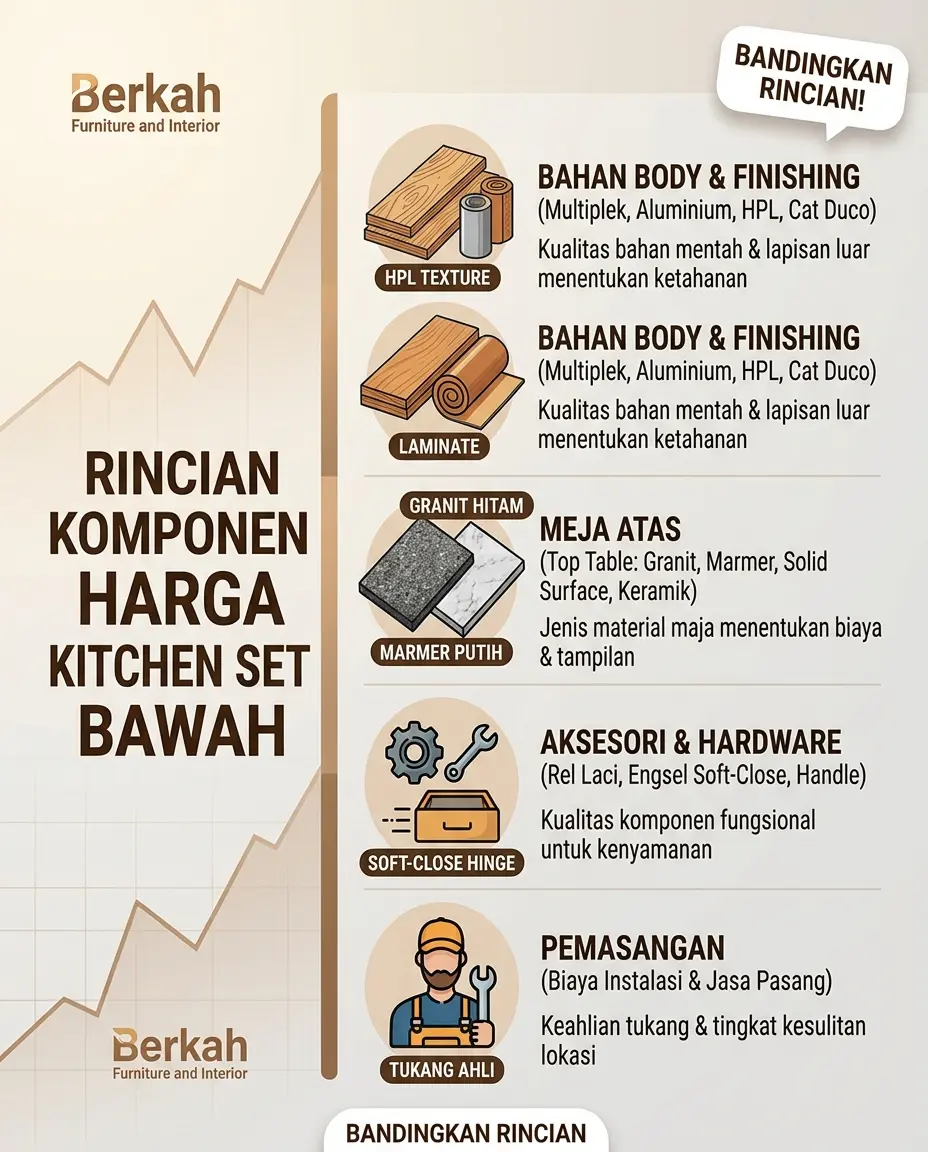 Rincian komponen harga kitchen set dapur bawah: bahan, meja atas, aksesori, dan pemasangan