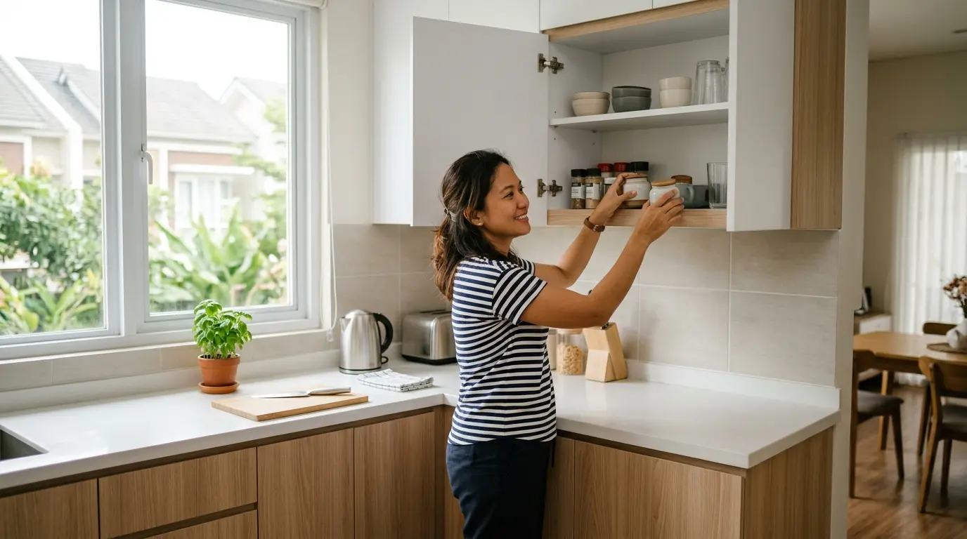 Perempuan di dapur BSD Serpong menata lemari dapur dengan kabinet bawah dan atas berwarna terang