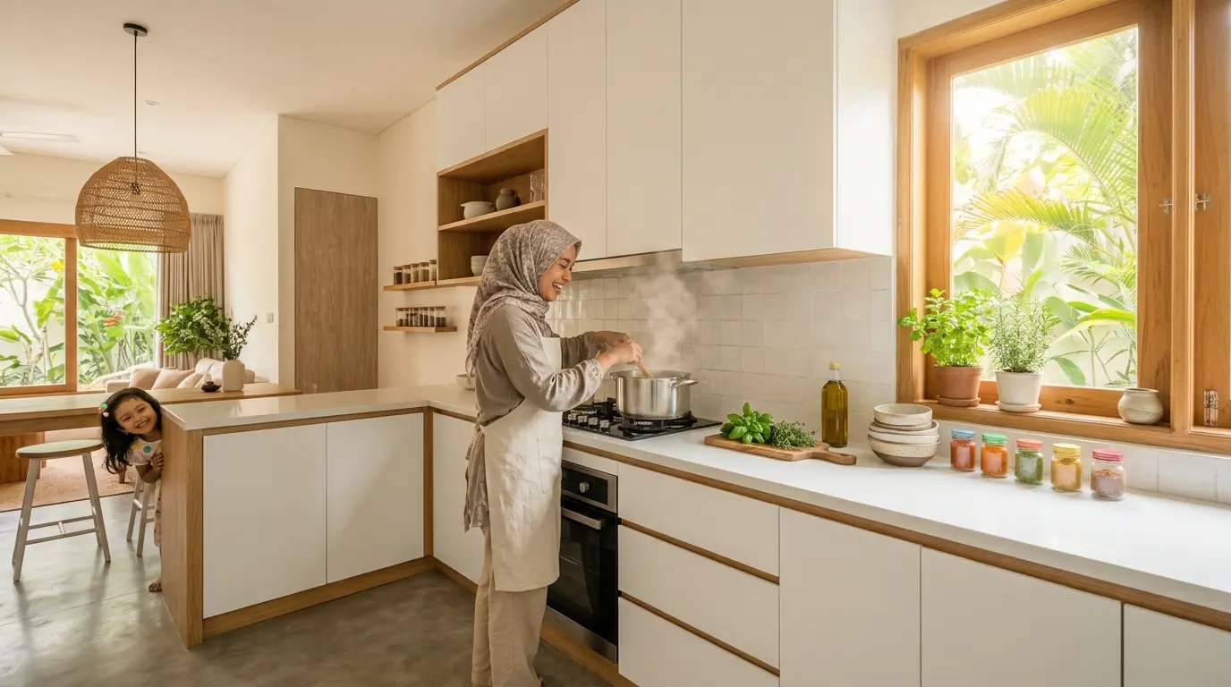 Ibu berhijab memasak di dapur dengan kabinet custom yang rapi hasil jasa pembuatan kabinet dapur