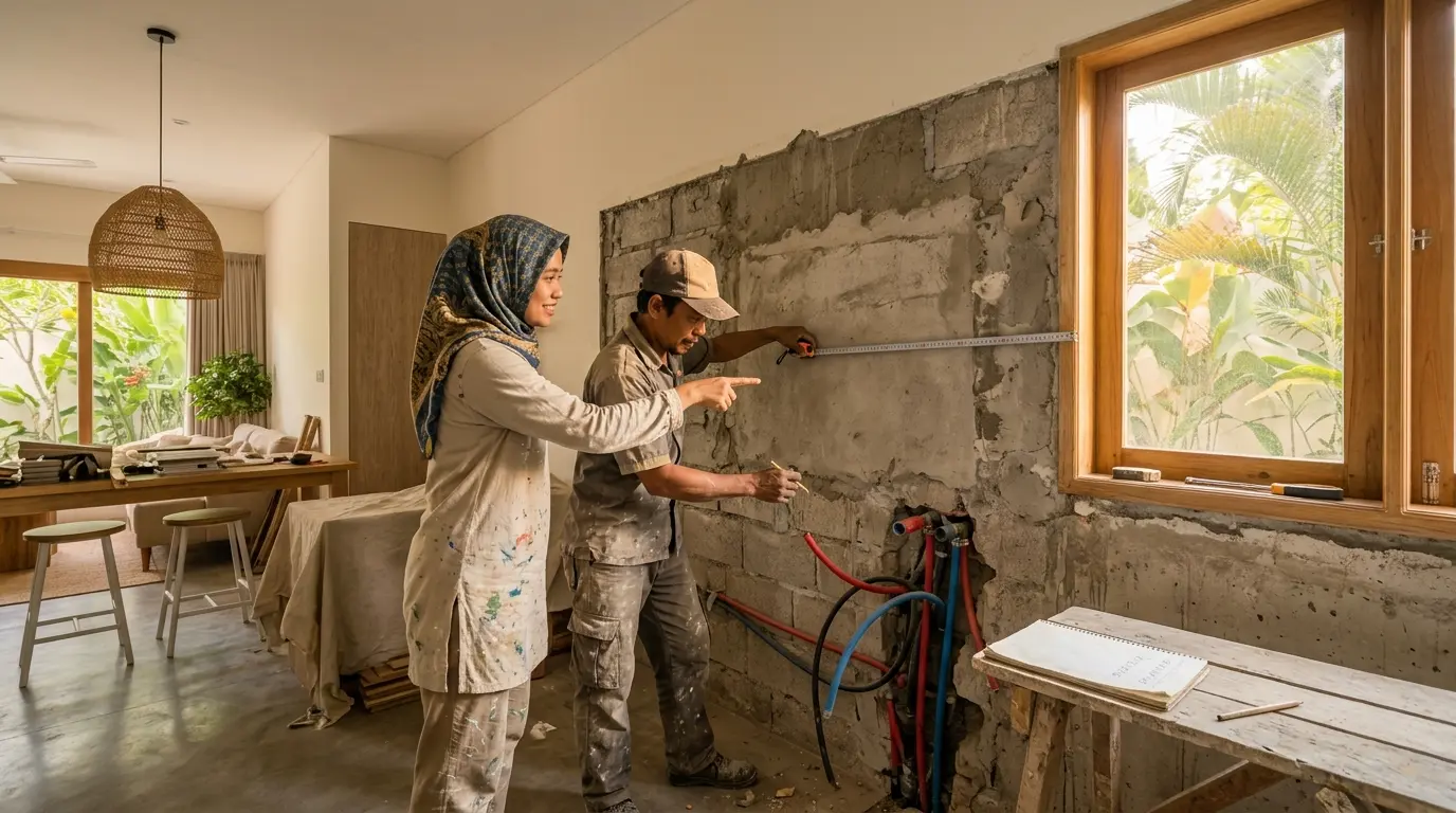 Perempuan berhijab berdiskusi dengan tukang yang mengukur dapur untuk jasa pembuatan kabinet dapur di Ciputat