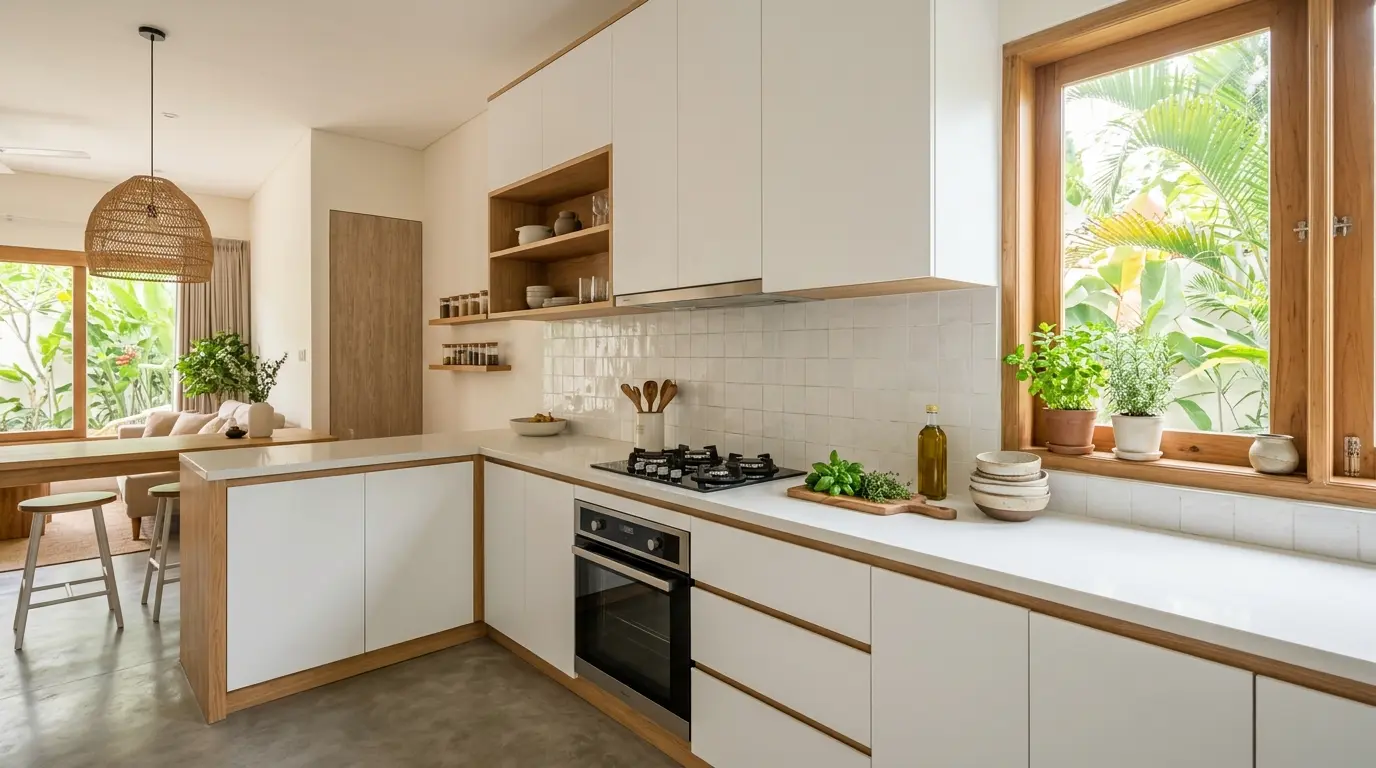 Jasa pembuatan kabinet dapur: kabinet atas dan bawah minimalis putih dengan aksen kayu di dapur yang rapi