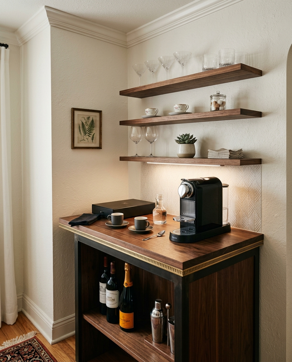 Detail mini bar kompak dengan meja tinggi dan rak di atasnya