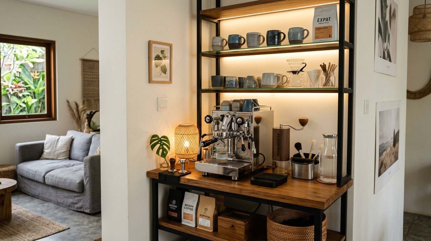 Mini bar kopi di pojok rumah dengan rak gelas dan mesin kopi