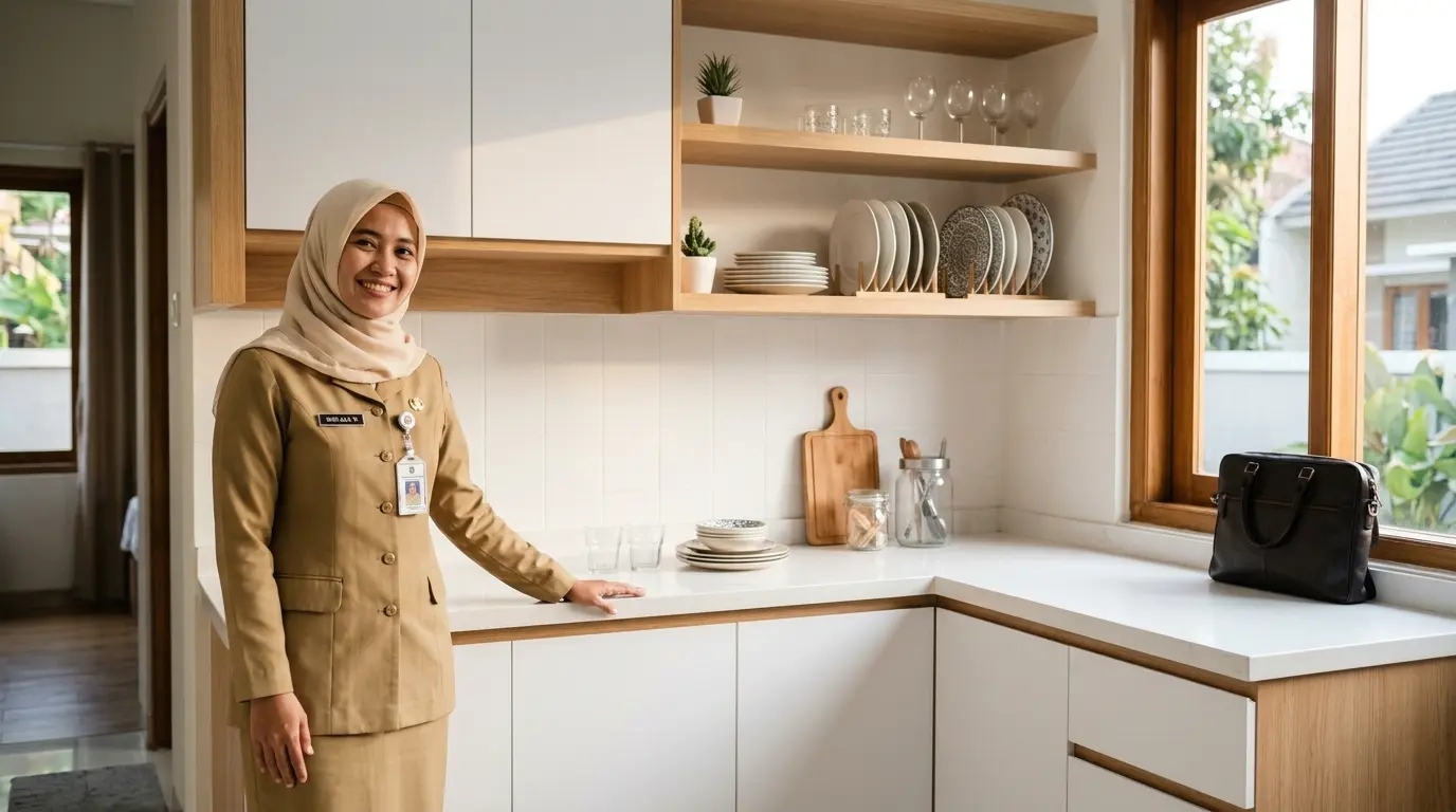 Perempuan berhijab berseragam PNS melihat kitchen set custom minimalis di dapur rumahnya