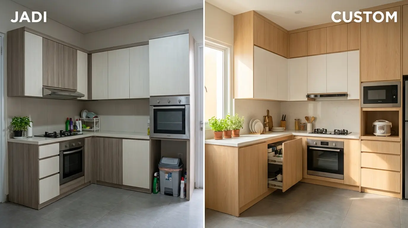 Perbandingan kitchen set jadi dengan celah sudut dan kitchen set custom yang pas dengan dinding dapur