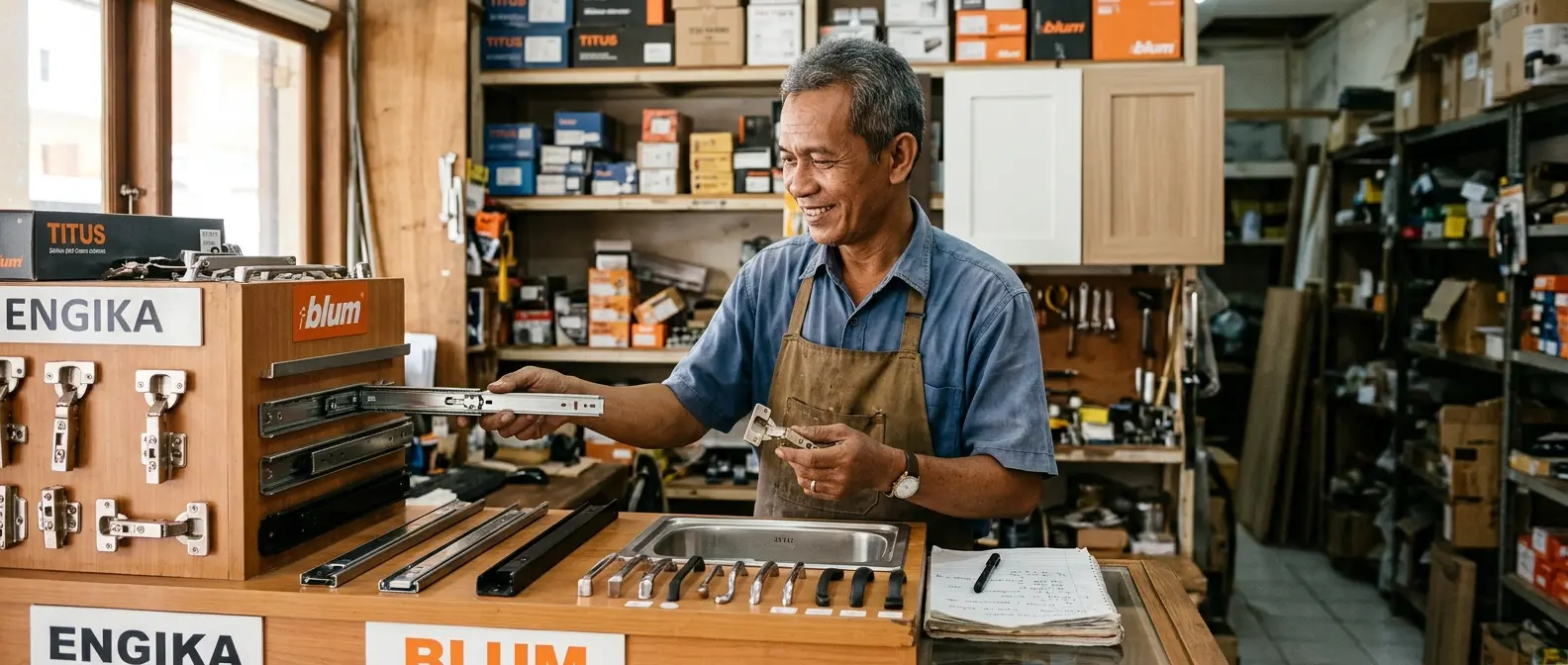 Pria paruh baya memilih perlengkapan kitchen set seperti engsel, rel laci, dan handle di toko hardware furnitur