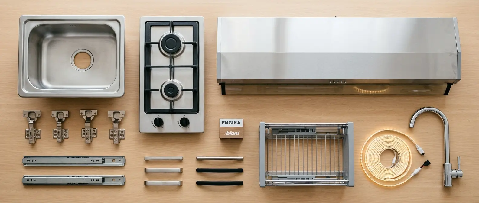 Aneka perlengkapan kitchen set seperti sink stainless, kompor tanam, cooker hood, engsel, rel laci, dan handle tertata di atas meja