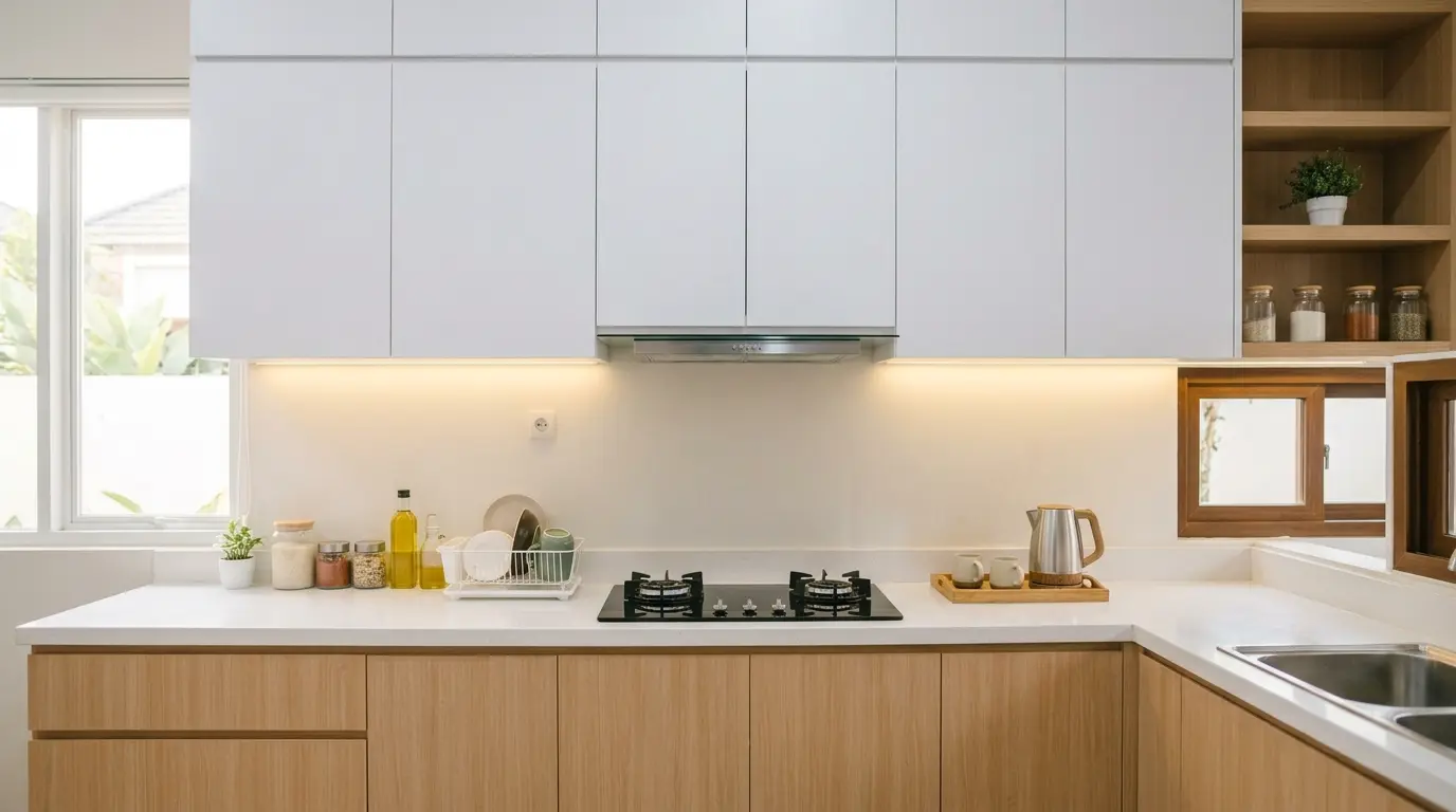 Kabinet atas dapur minimalis pintu polos warna putih dengan kabinet bawah kayu terang