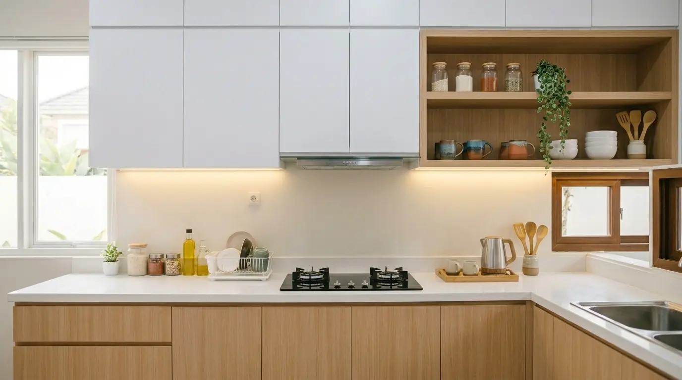 Kabinet atas dapur minimalis kombinasi pintu tertutup dan rak terbuka untuk toples dan tanaman kecil