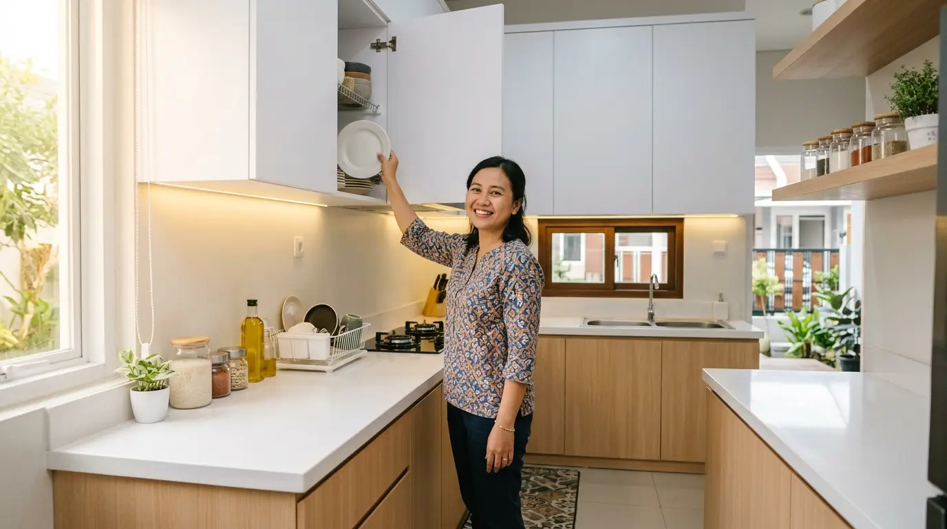 Perempuan di dapur minimalis dengan kabinet atas putih dan kabinet bawah kayu terang di Gunung Sindur