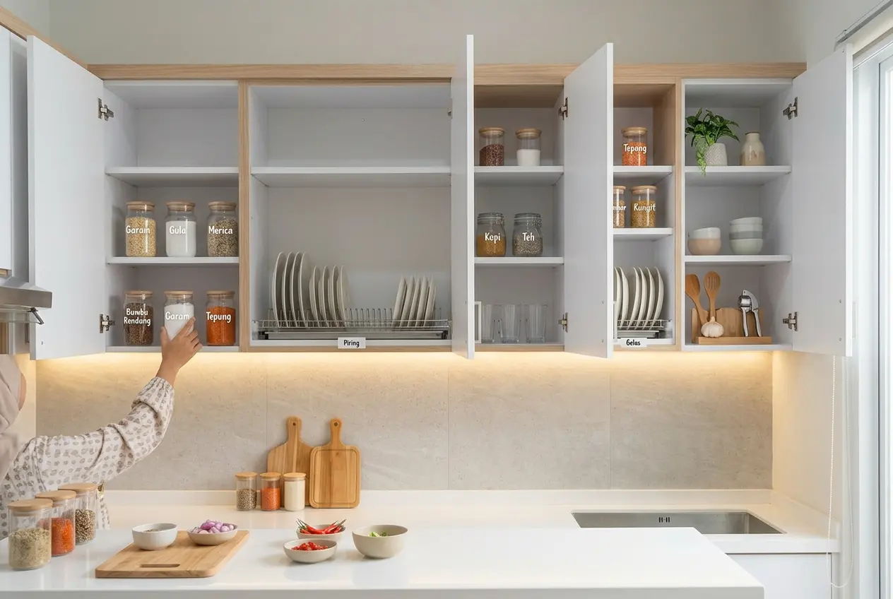 Isi kabinet atas kitchen set yang tertata rapi: piring, gelas, toples bumbu, dan wadah penyimpanan