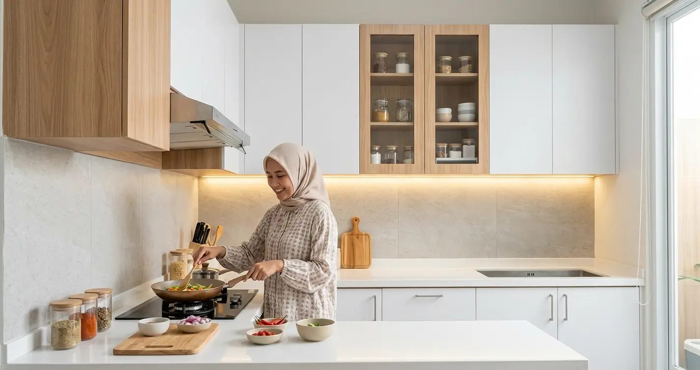 Kabinet atas kitchen set minimalis warna putih dan kayu terang yang menggantung rapi di dinding dapur