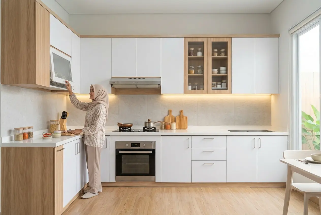 Model kabinet atas kitchen set: pintu engsel, pintu buka ke atas, pintu geser, dan rak terbuka