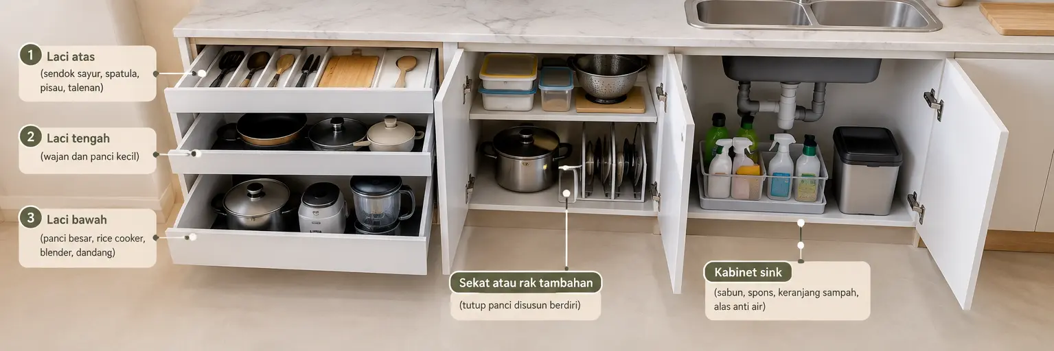 Isi kabinet bawah kitchen set yang tertata rapi: panci, wajan, wadah penyimpanan, dan perlengkapan sink