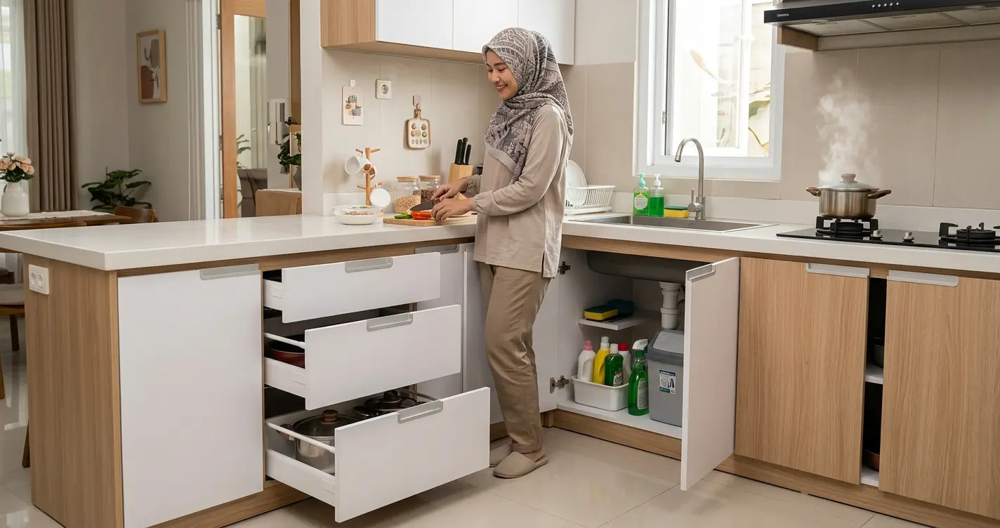 Kabinet bawah kitchen set minimalis warna putih dan kayu dengan laci tanpa gagang pada dapur rumah
