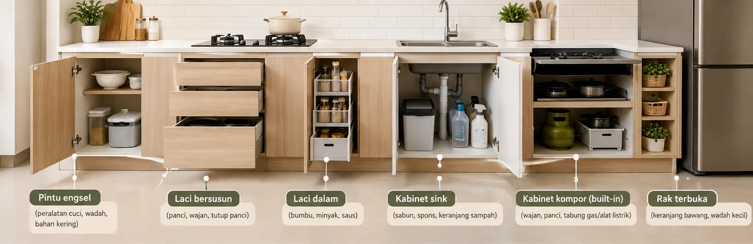 Model kabinet bawah kitchen set: pintu engsel, laci, laci dalam, dan kabinet sink
