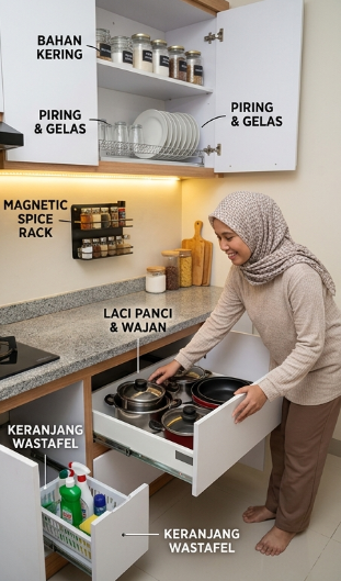 Isi kabinet kitchen set yang tertata rapi: laci panci, rak piring, dan kabinet atas untuk piring