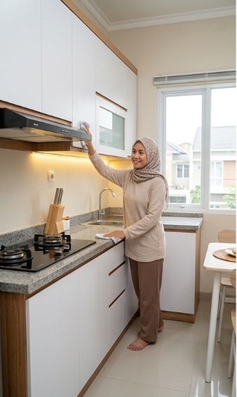 Kabinet kitchen set minimalis warna putih dan kayu dengan kabinet atas dan bawah di dapur rumah