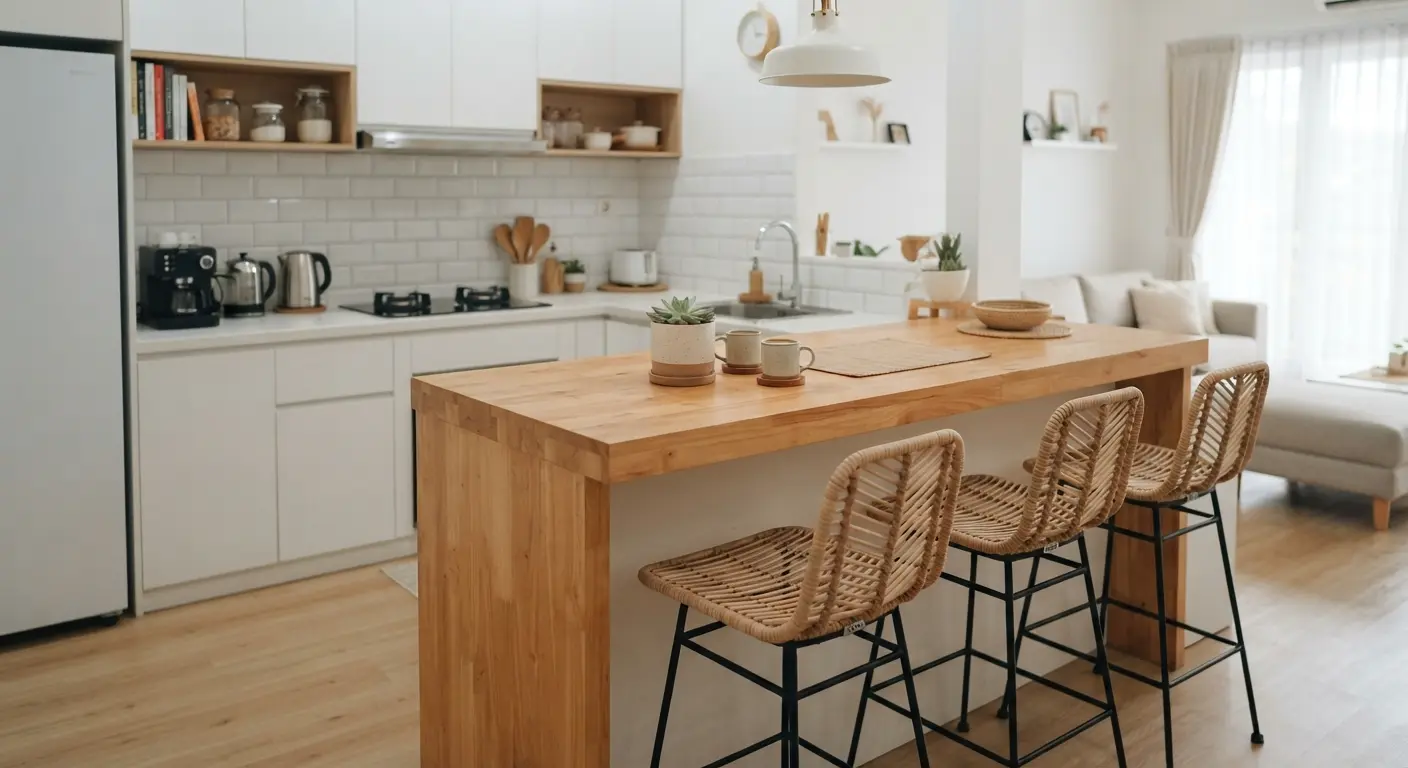 Kitchen bar minimalis dengan top table kayu terang dan kursi bar di dapur rumah tipe 45