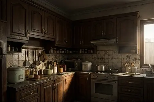 Kitchen minimalis warna terang dengan permukaan polos dan handle tersembunyi di dapur kecil