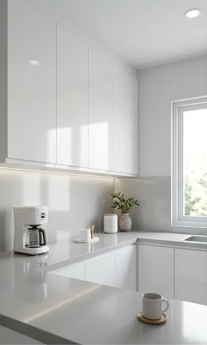 Detail permukaan HPL putih dan handle tersembunyi pada kabinet dapur
