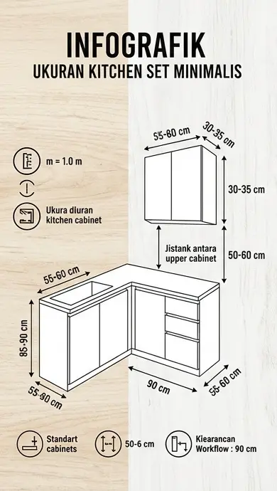 Infografik ukuran kitchen set minimalis: tinggi, kedalaman, dan jarak kabinet